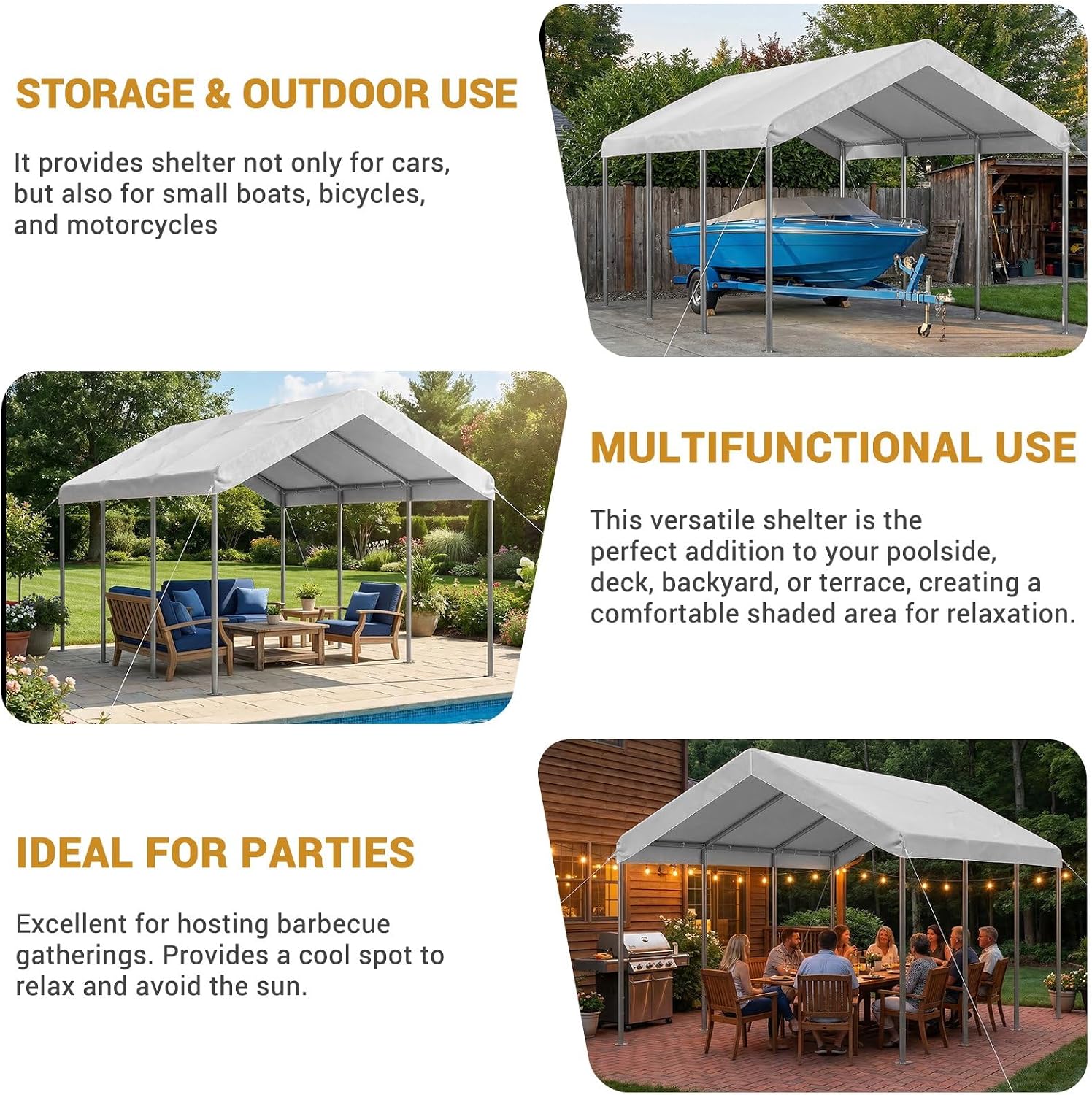 10x20 ft Heavy Duty Carport, Adjustable Height Portable Garage, White | Car Canopy for Cars, Boats, Trucks, Outdoor