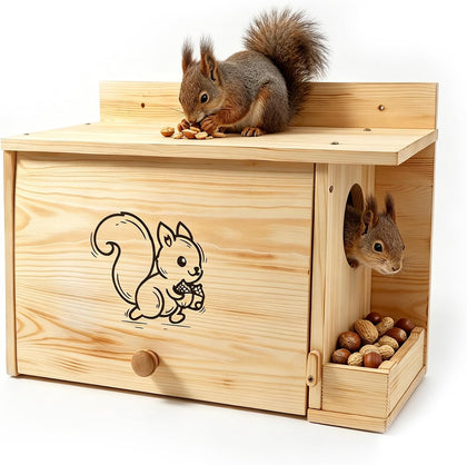 2-in-1 Squirrel House with External Feeder, Carbonized Pine Wood