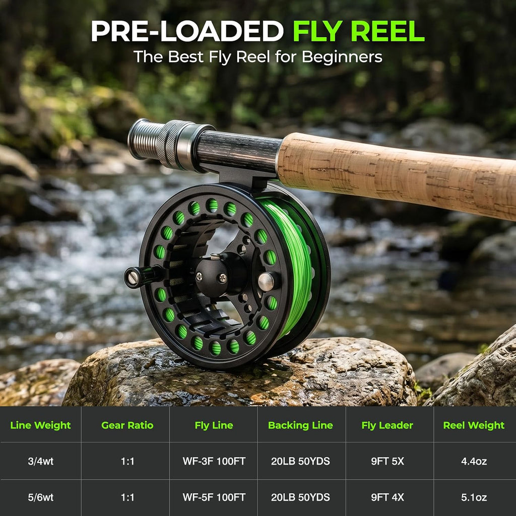 Fly Fishing Rod and Reel Combo, 4-Piece Fly Rod Kit with Complete Fly Fishing Gear: Fly Rod, Pre-Spooled Fly Fishing