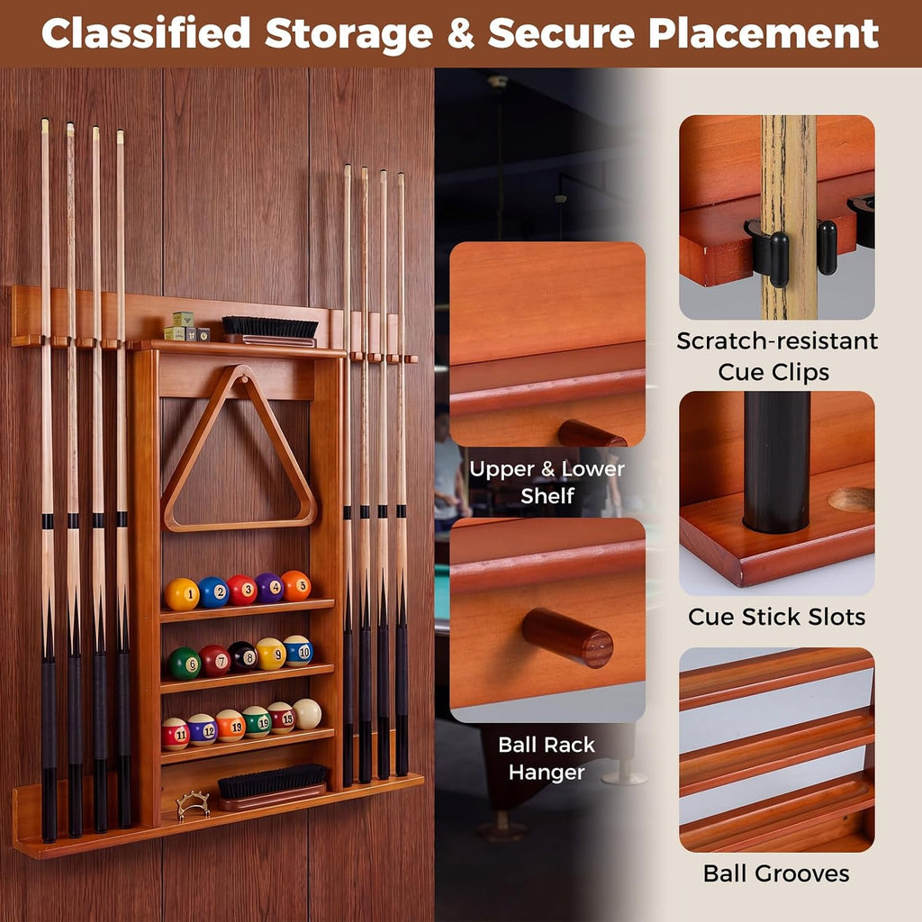 Pool Cue Rack, Wall Mounted Billiard Stick Holder, Made of Solid Pine Wood, Holds 8 Cues & Full Ball Set & 1 Ball