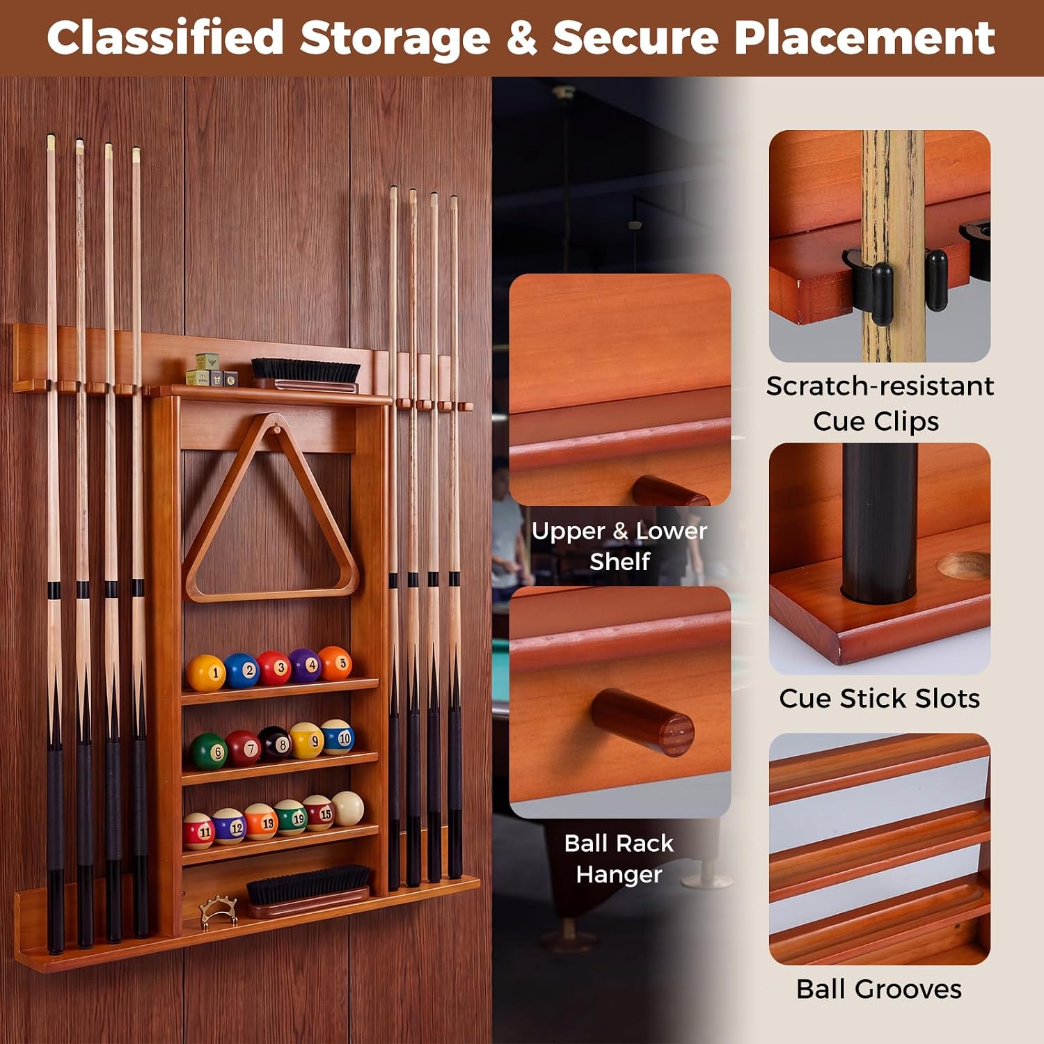 Pool Cue Rack, Wall Mounted Billiard Stick Holder, Made of Solid Pine Wood, Holds 8 Cues & Full Ball Set & 1 Ball
