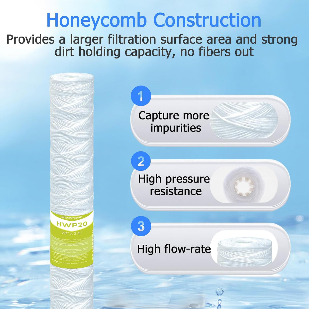 20 Micron Whole House Water Filter Cartridge, 20" x 2.5", 6-Pack