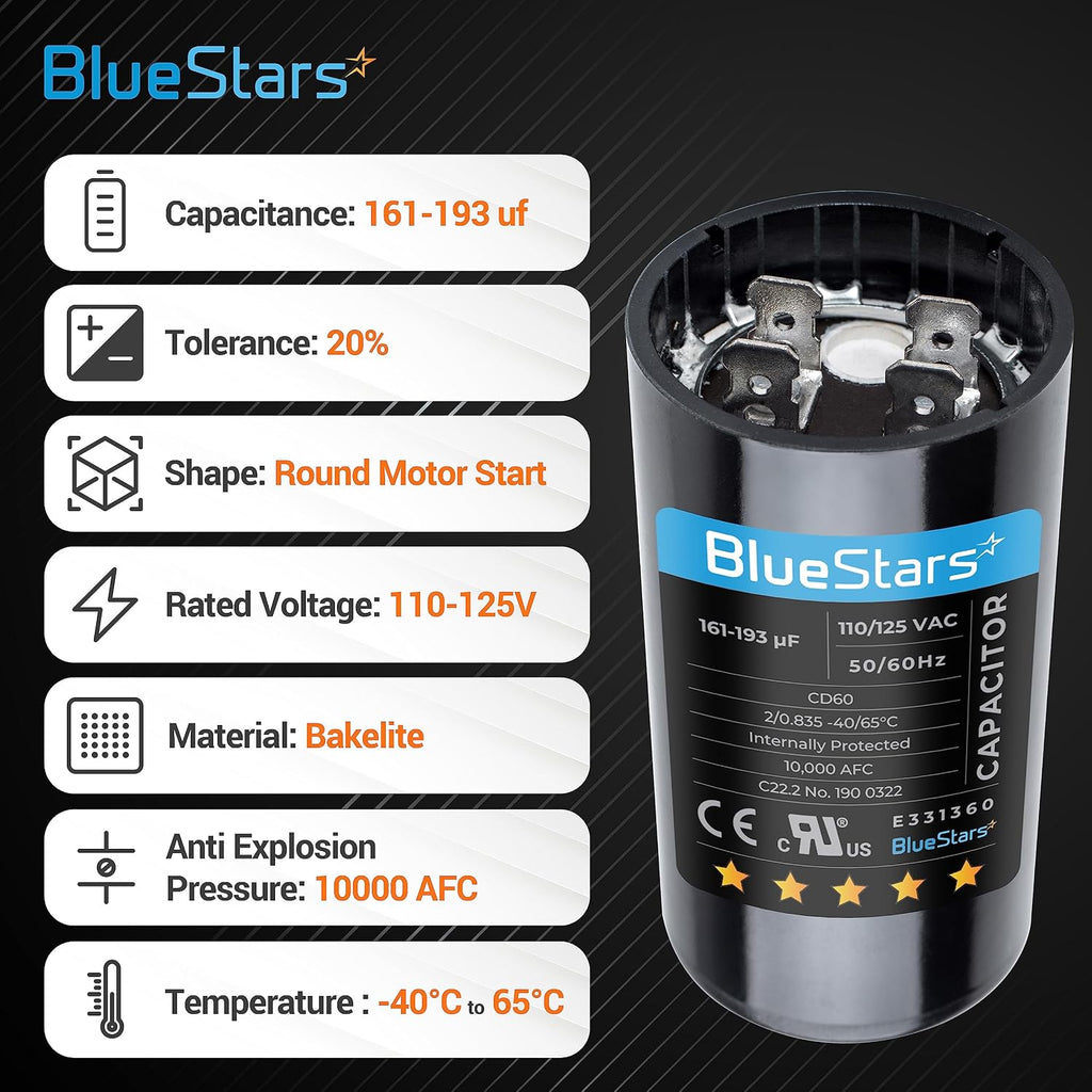 BlueStars 2 Packs 161-193 uF MFD 125 VAC Round Motor Well Pump Capacitor