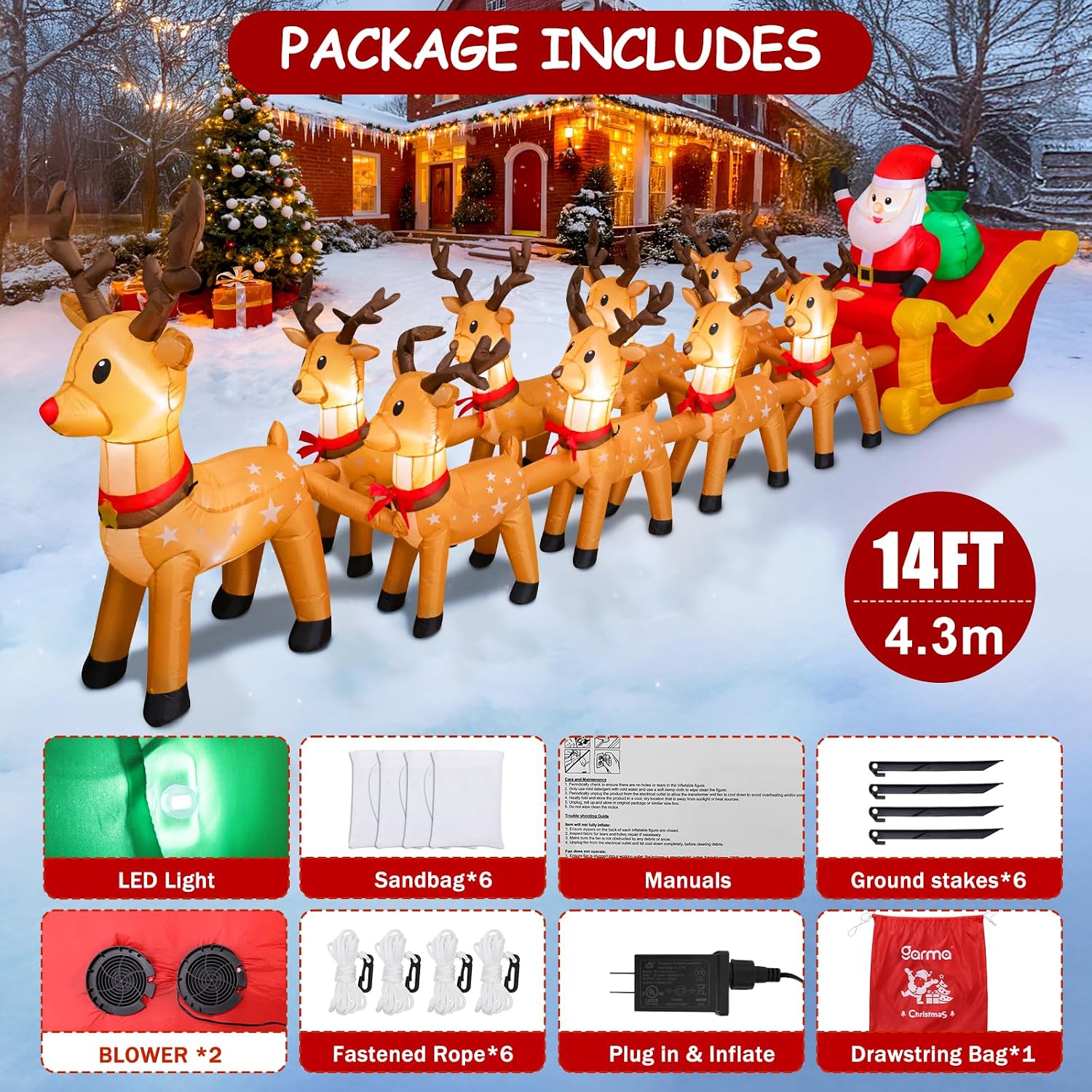 14 FT Christmas Inflatables Outdoor Decorations, Santa Claus Sleigh and 9 Reindeers Inflatable Xmas Blow up Yard