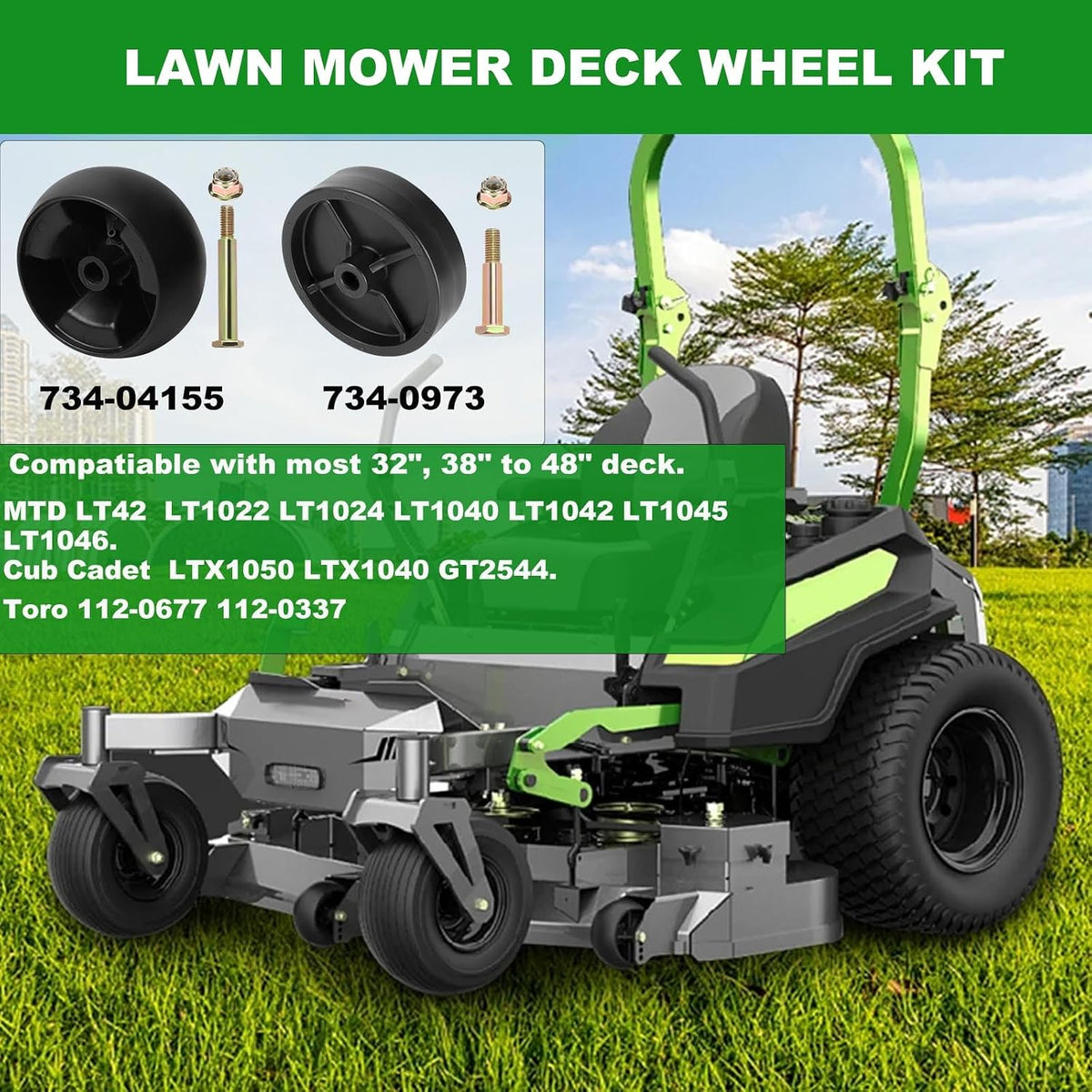 734-04155 and 734-0973 each 2 PCS Mower deck wheel with bolt kits replaces for Toro 112-0677 112-0337,MTD RZT42 RZT50,Cub Cadet XT1-LT42 XT2-LX46,Troy Bilt TB1942,Craftman T240 Tractors