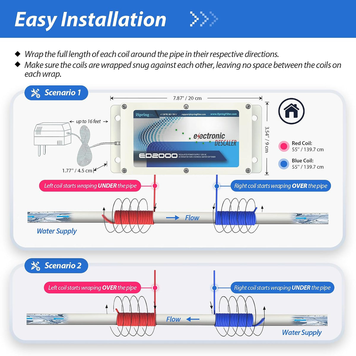 ED2000 Whole House Water Descaler, Alternative Electronic Salt-Free Hard Water Conditioner, Reduces Limescale Prevent