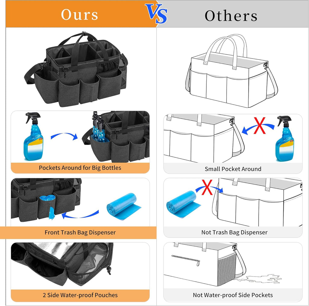 Wearable Cleaning Caddy Bag with 4 Foldable Dividers, Cleaning Supply Organizer with Shoulder Strap and Side Handles