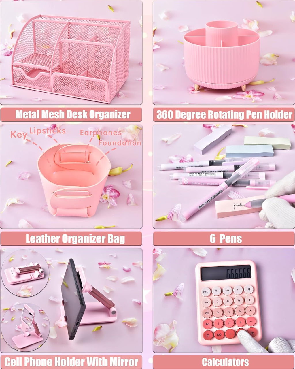 21Pcs Pink Desk Organizers and Accessories With Mesh Desk Organizer and 360°Rotating Pen Holder and a Lot of Office