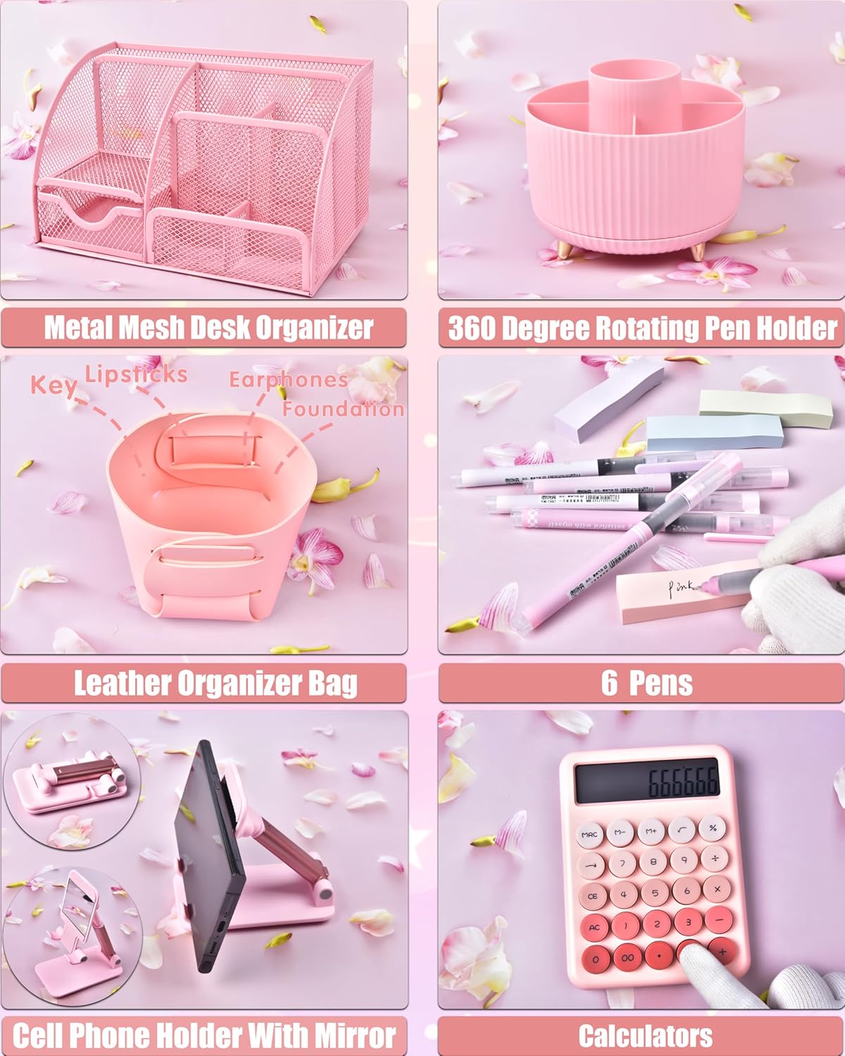 21Pcs Pink Desk Organizers and Accessories With Mesh Desk Organizer and 360°Rotating Pen Holder and a Lot of Office