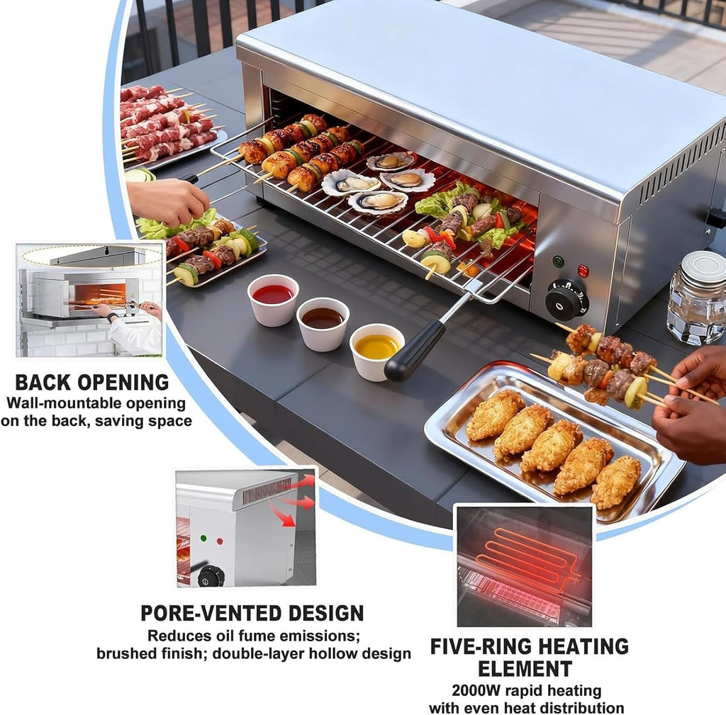 2000W Salamander Broiler Countertop Grill, Electric Cheese Melter with 122-572°F & 4 Height, Stainless Steel Toaster