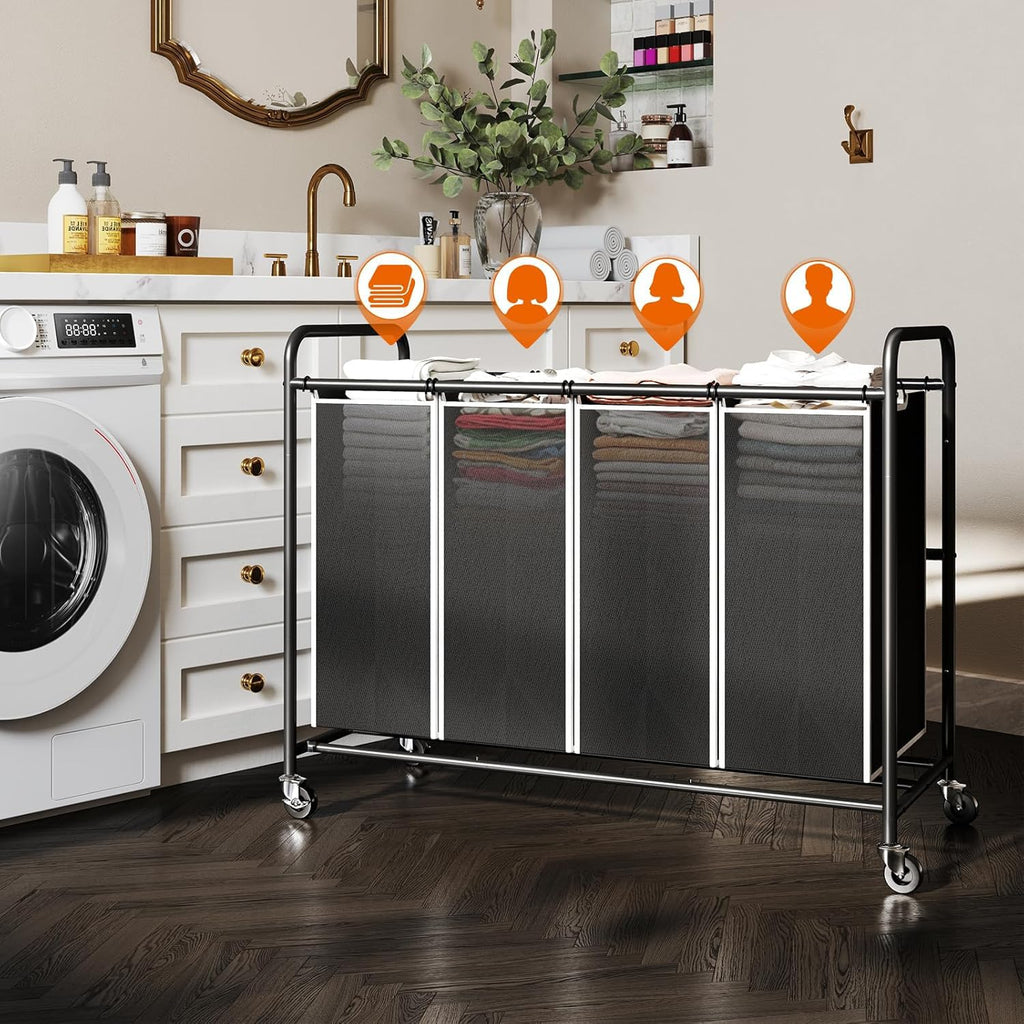 Laundry Hamper Sorter Cart, 4-Section Organizer with Lockable Wheels