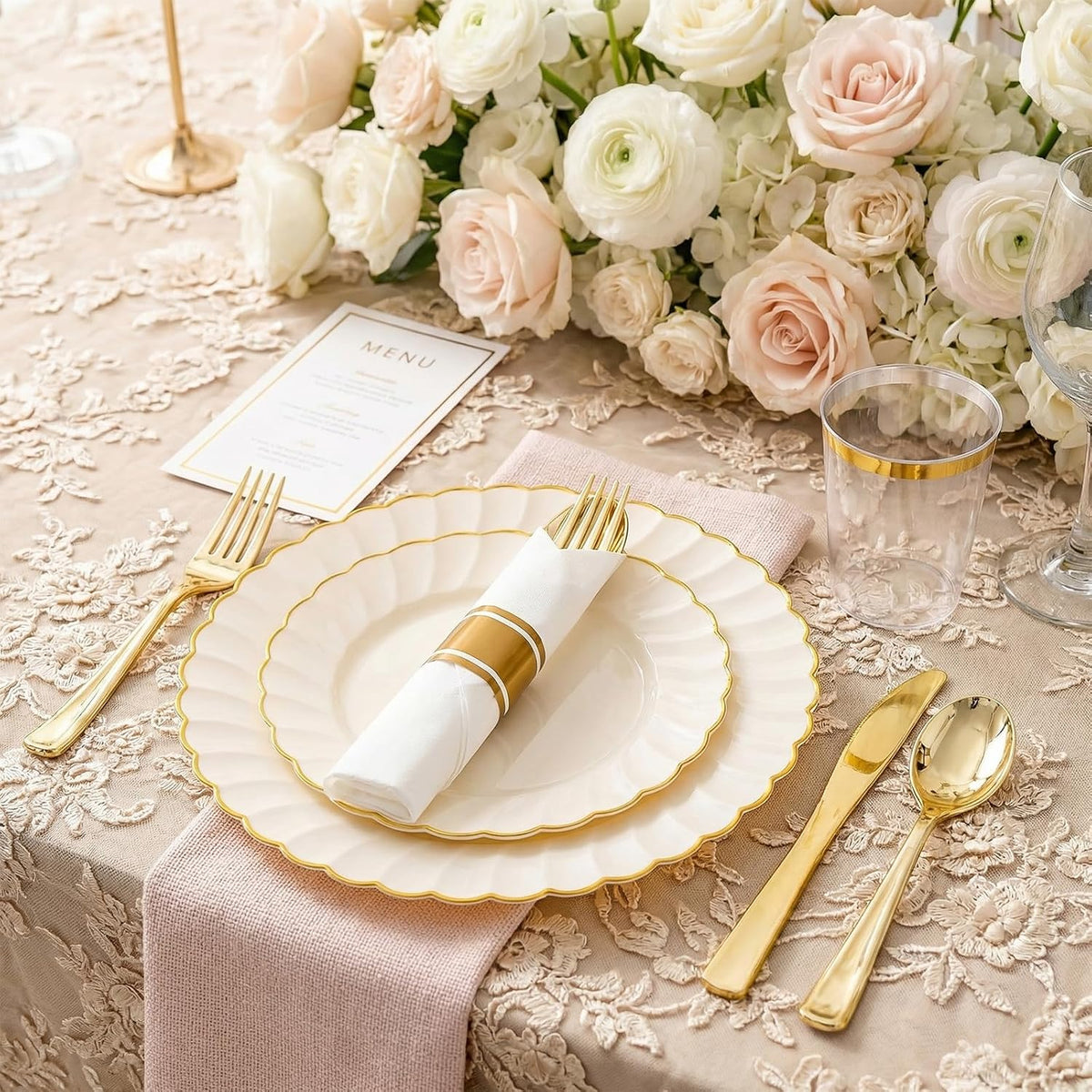 350PCS Ivory Scalloped Plastic Plates for Wedding Party