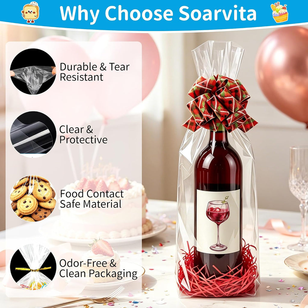 Wine Bottle Gift Bags 8x16 Inch, 50 Pack Clear Cellophane Bags