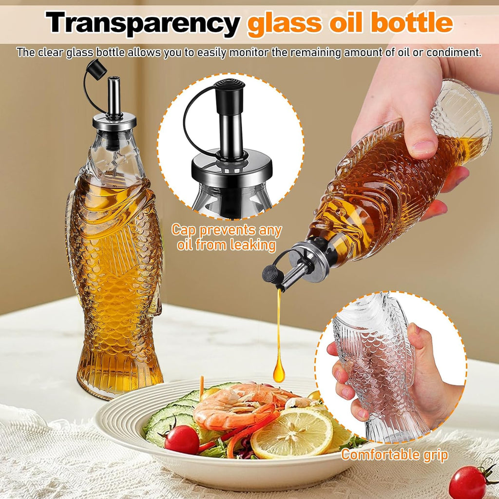 Oil Pitcher for Kitchen Glass Oil Dispenser Bottle Fish Shape Decorative Sauce Container Large Capacity Sauce Bottle