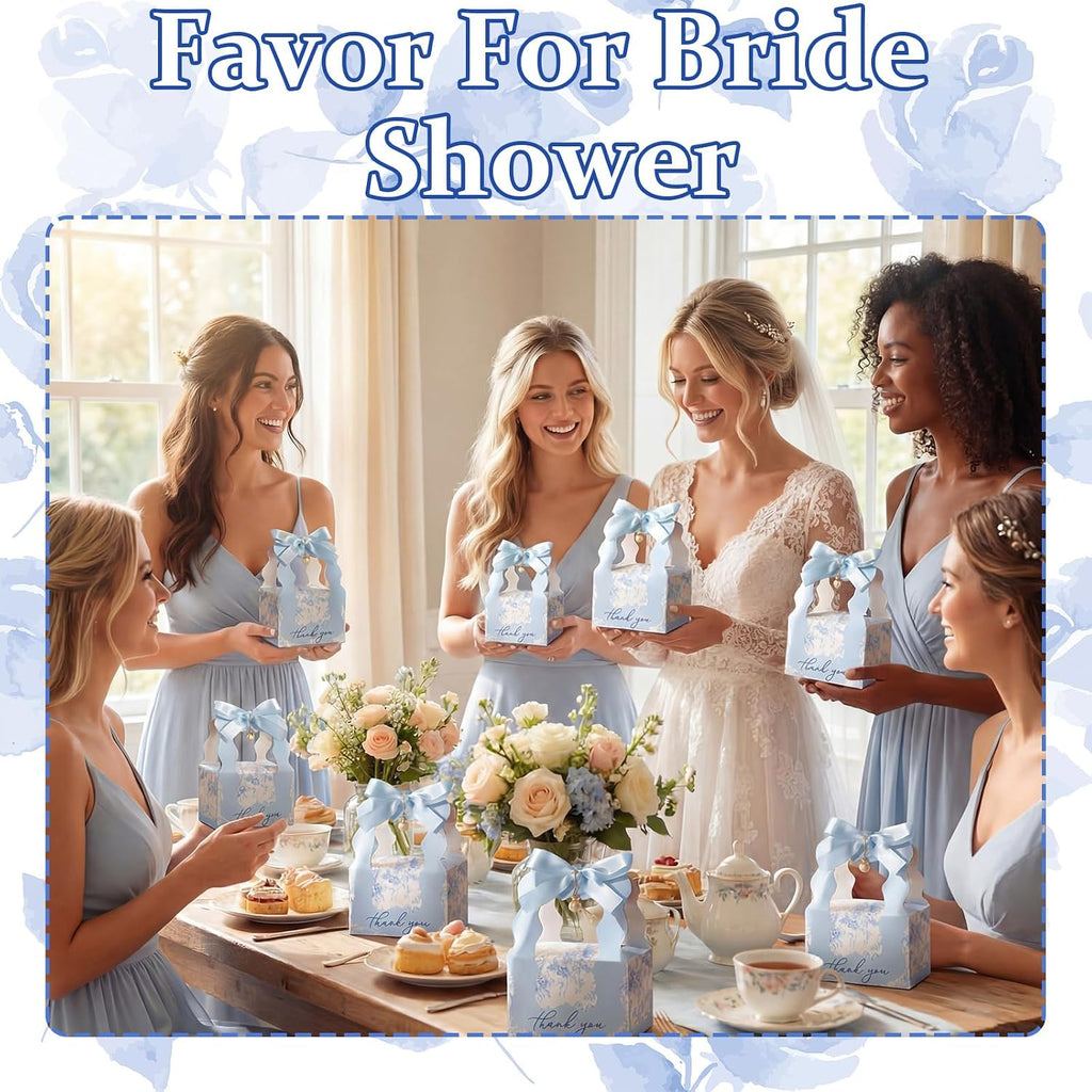 50 Sets Floral Wedding Favor Boxes with Pearl Pendant Bow, Blue
