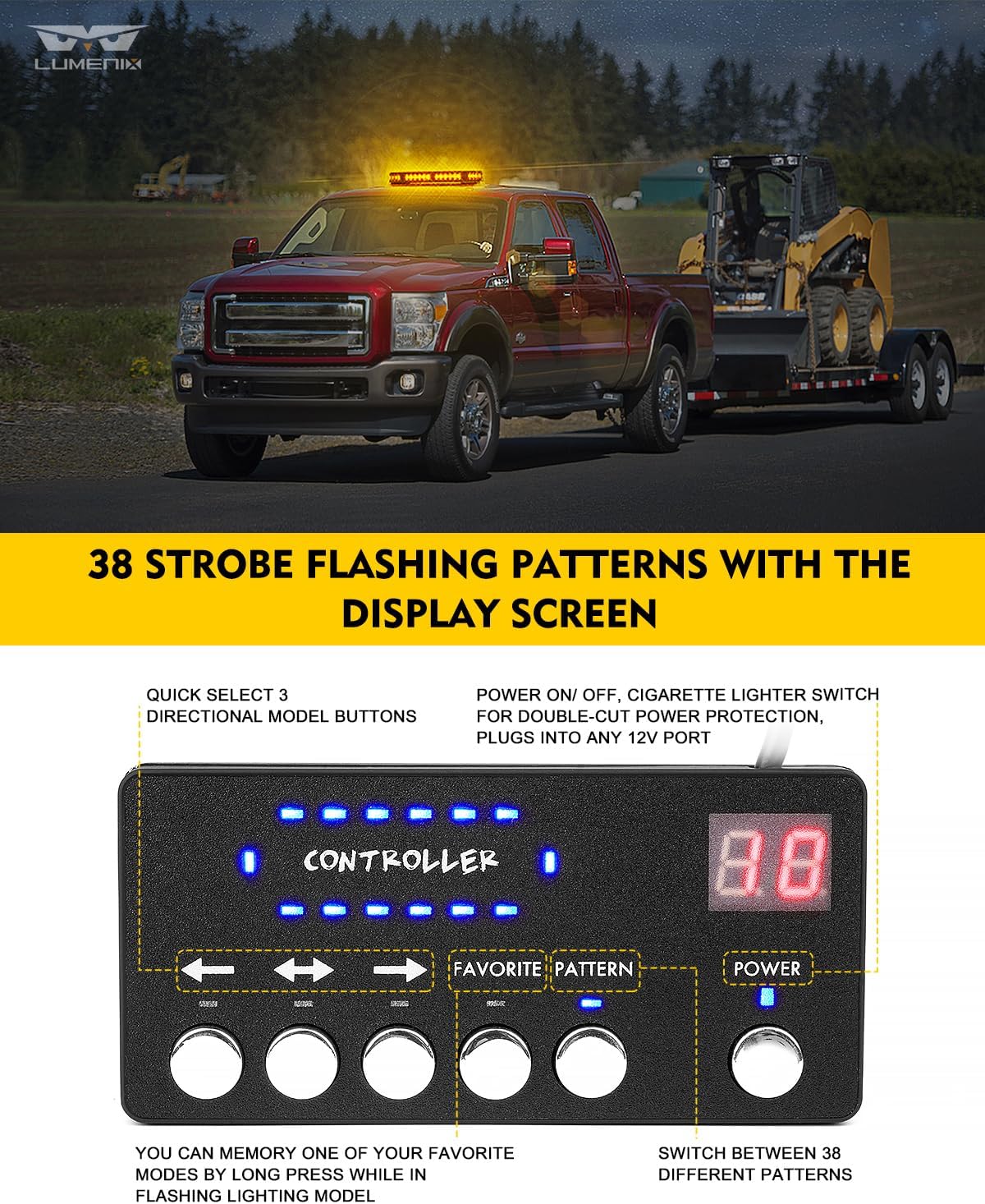 Rooftop Strobe Beacon Light Bar w/Controller, American Flag Pattern | Amber LED Emergency Warning Flashing Lights for