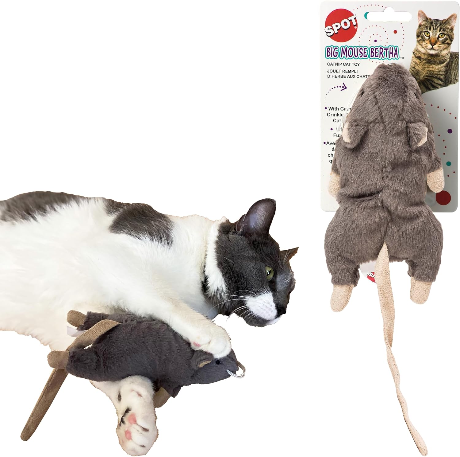 Big Mouse Bertha Cat Toy with Catnip – Lifelike Plush Mouse, Crinkle Sound, Large 7in Size, for Cuddling, Chasing