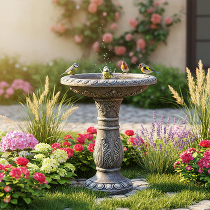 24.4" H Cement Bird Bath for Garden- Fibre Reinforced Concrete Bird Baths for Outdoors, Large Size Vintage Carved