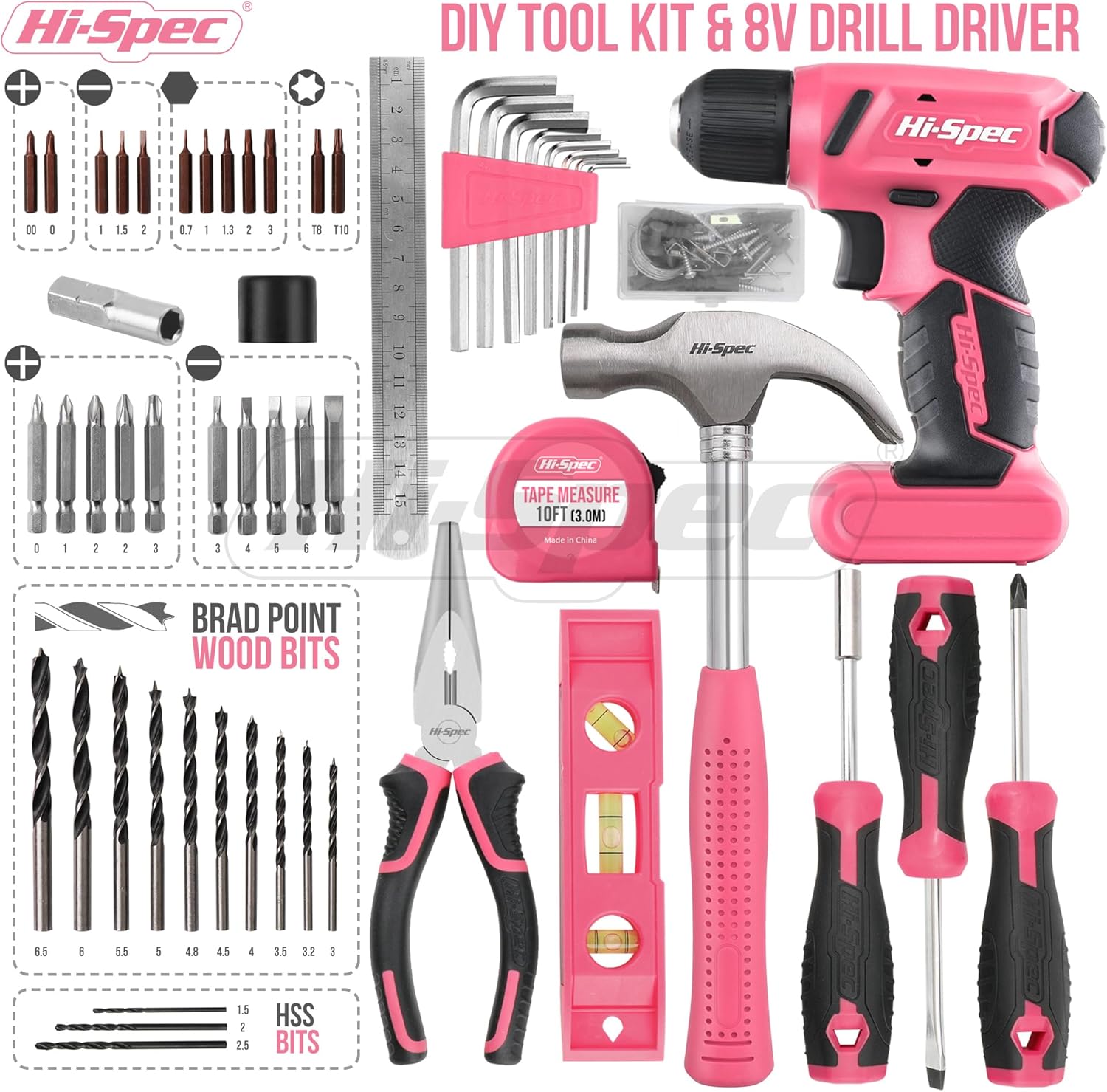 58pc Pink 8V USB Electric Power Cordless Drill Driver and Womens Ladies Home DIY Tool Kit Set. Screwdrivers, Drill