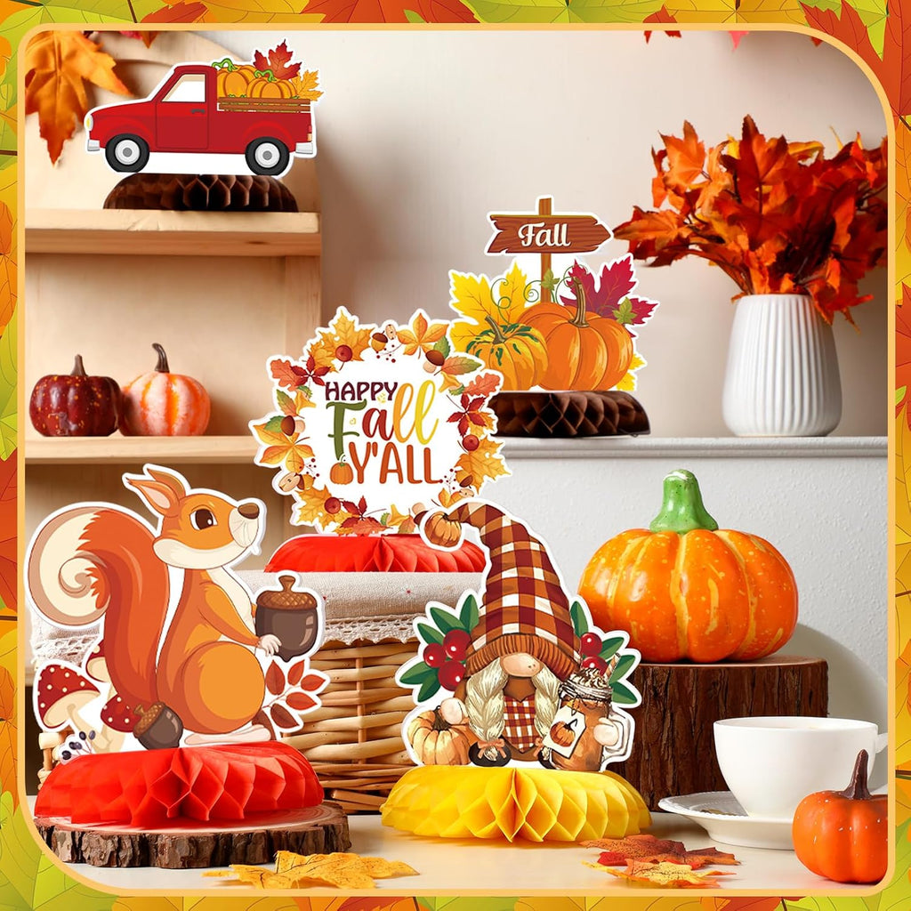 12 Pcs Fall Party Decoration Fall Honeycomb Centerpiece Pumpkin Maple Gnome Truck Sunflower Autumn Table Topper
