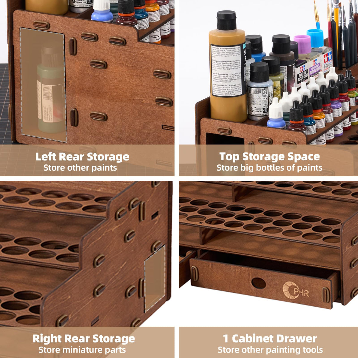 Wooden Paint Organizer 98 Holes Rack for Miniature Paints & Brushes