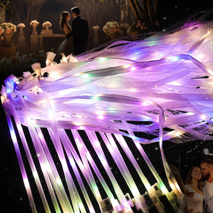 100 Wedding Send Off Light Up Wands with 4-Color LED Ribbons,Flashing Magic Wands with Bells & Streamers,Safe