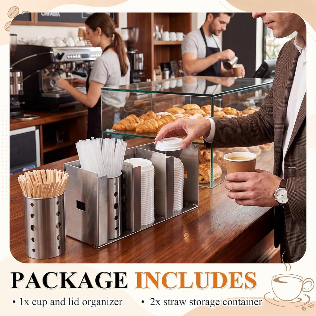 3 Compartments Stainless Steel Cup Dispenser with 2 Straw Holder