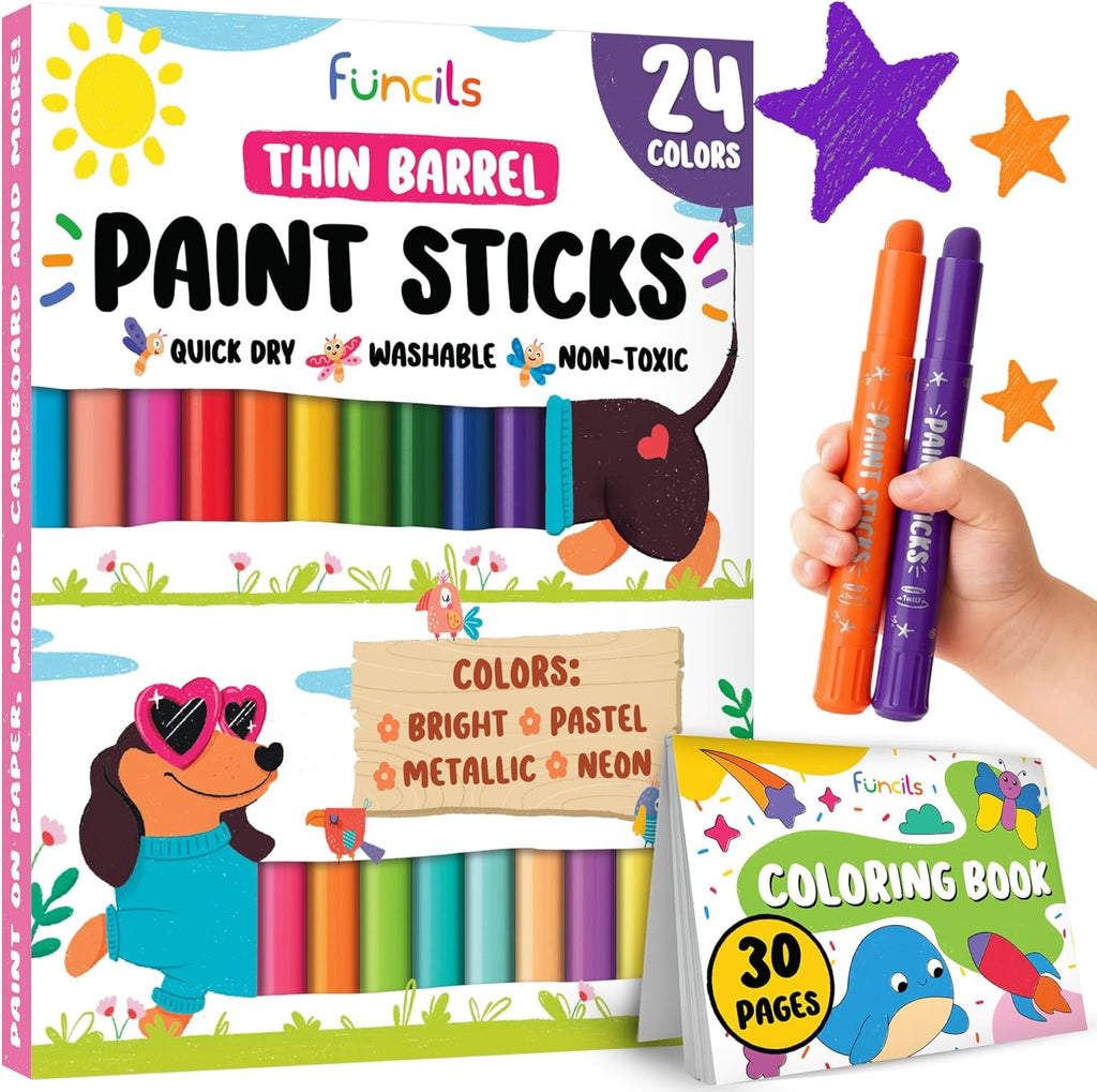 24 Thin Washable Paint Sticks for Kids, Painting Crayons w/Coloring Book
