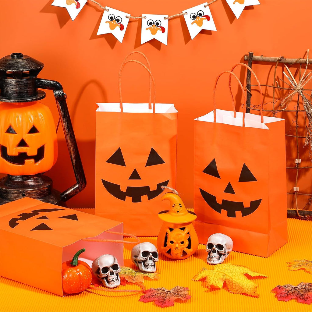 50 Pcs Halloween Pumpkin Gift Bags Kraft Paper with Handles
