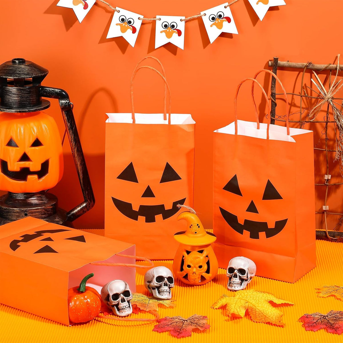 50 Pcs Halloween Pumpkin Gift Bags Kraft Paper with Handles