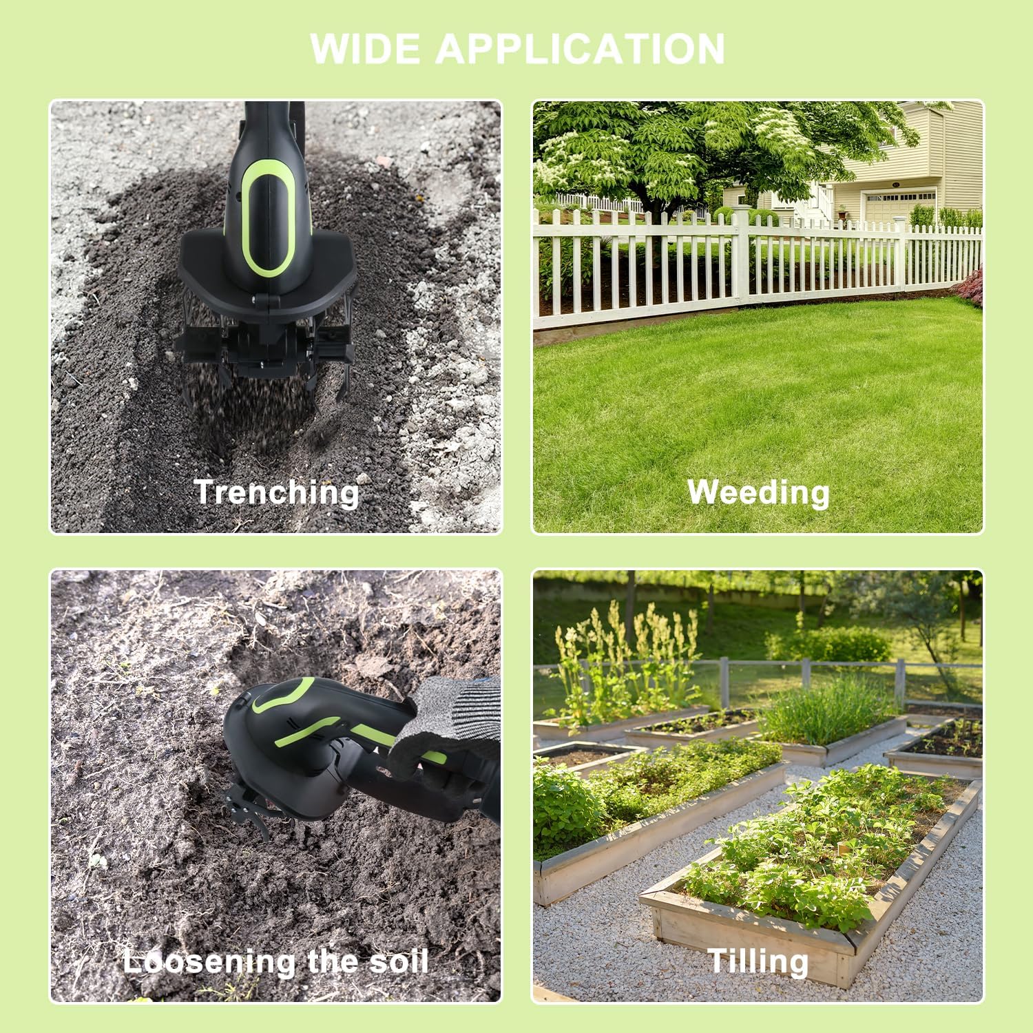 24V 2-in-1 Cordless Tiller Cultivator, 4-Inch Tilling Width and Depth, Handheld with Extension Rod, 235 RPM Electric