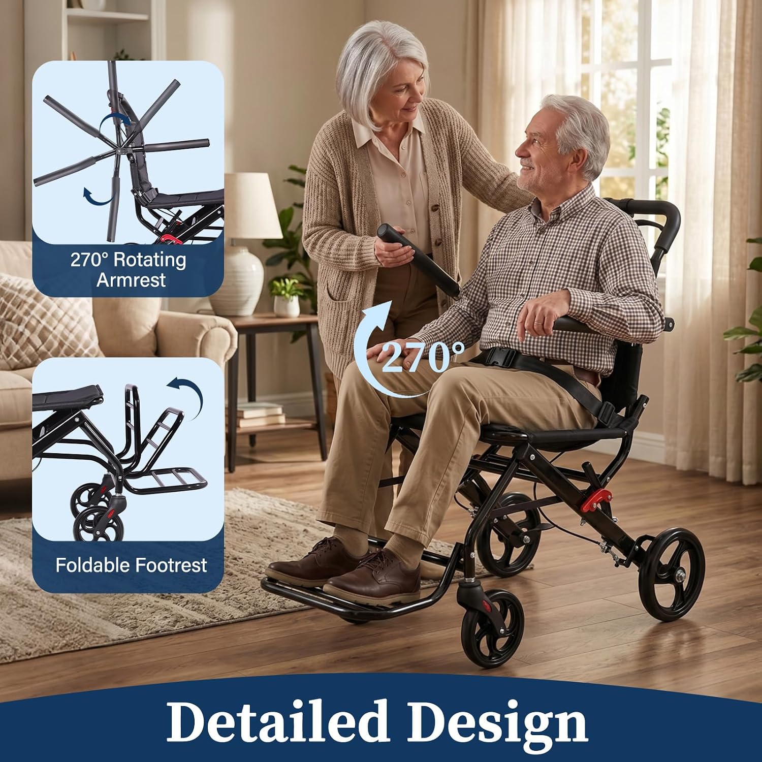 Lightweight Wheelchair with 18.1" Wide Seat, Foldable Transport Chair for Seniors & Adults, Comfortable Portable