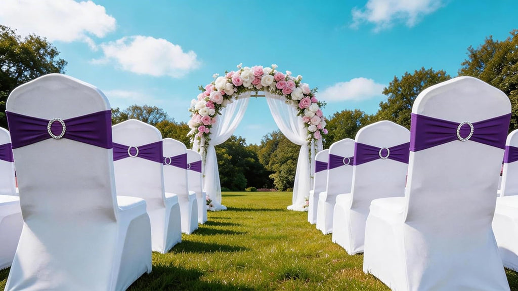 Spandex Purple Chair Sashes 100 Pack Wedding Chair Bows Bands with Buckles