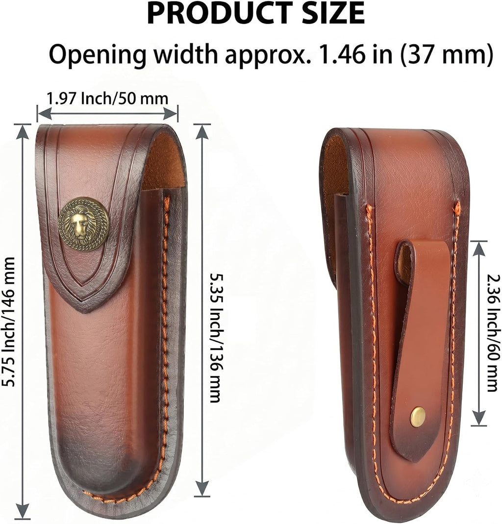 Leather Pocket Knife Sheath for Belt, Large 5in Folding Pouch | Brown cowhide leather, lion head snap, belt loop;