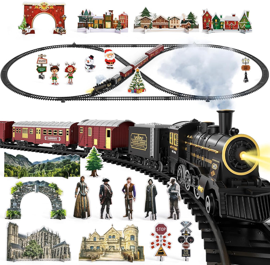 Train Set for Kids 3-12 Years, Electric Classical Steam Engine Locomotive with Steam, Light and Sounds, Rechargeable
