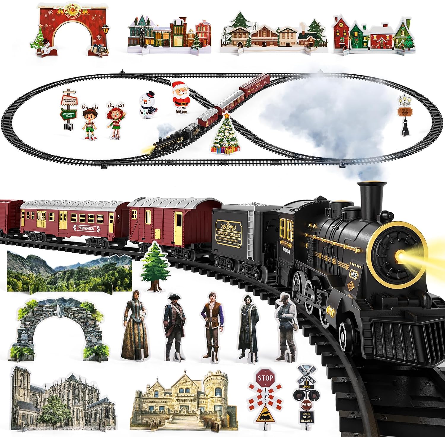 Train Set for Kids 3-12 Years, Electric Classical Steam Engine Locomotive with Steam, Light and Sounds, Rechargeable