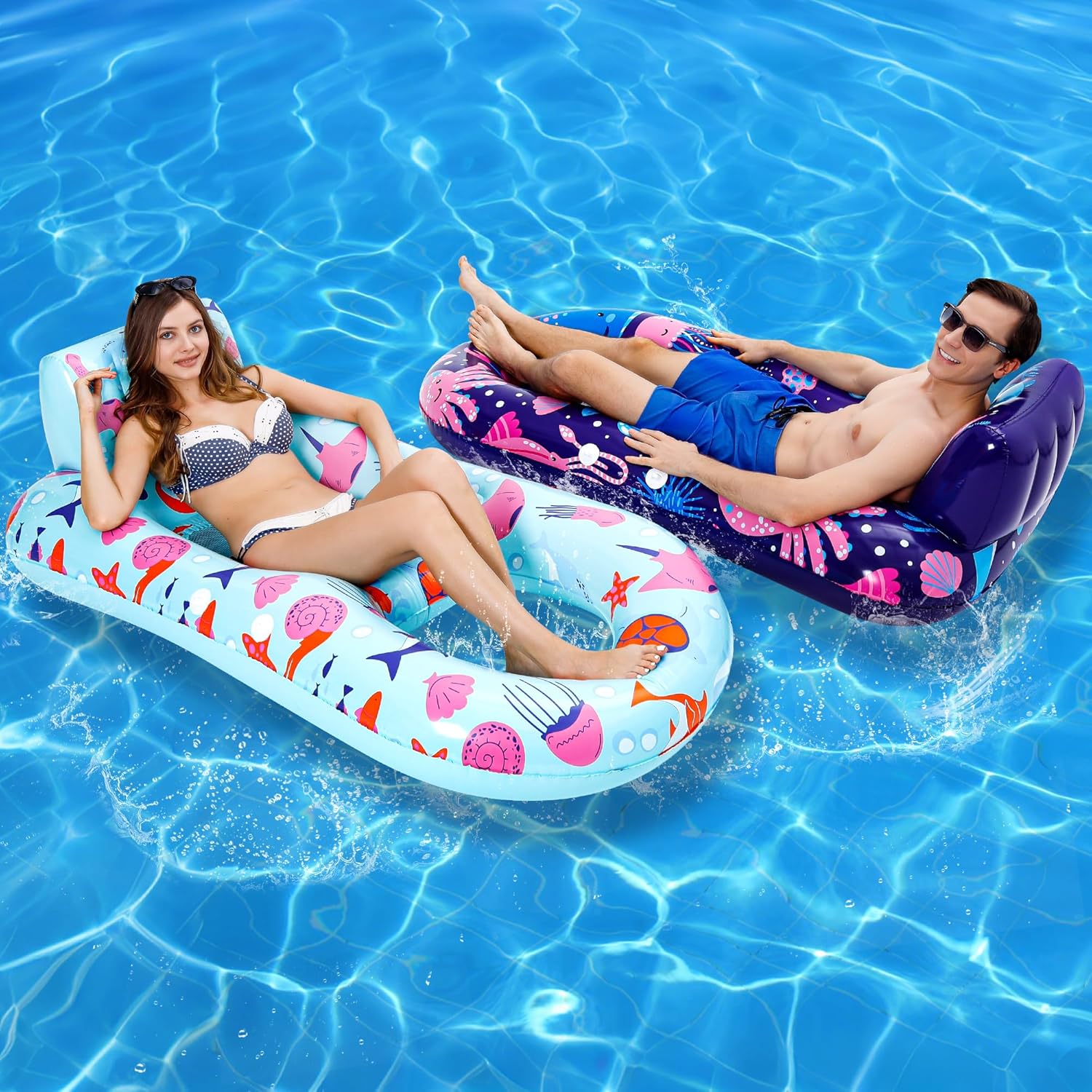 2 Pack Pool Floats Adult, Inflatable Pool Lounger Float Heavy Duty with Cup Holder, Backrest & Footrest Pool Lounge