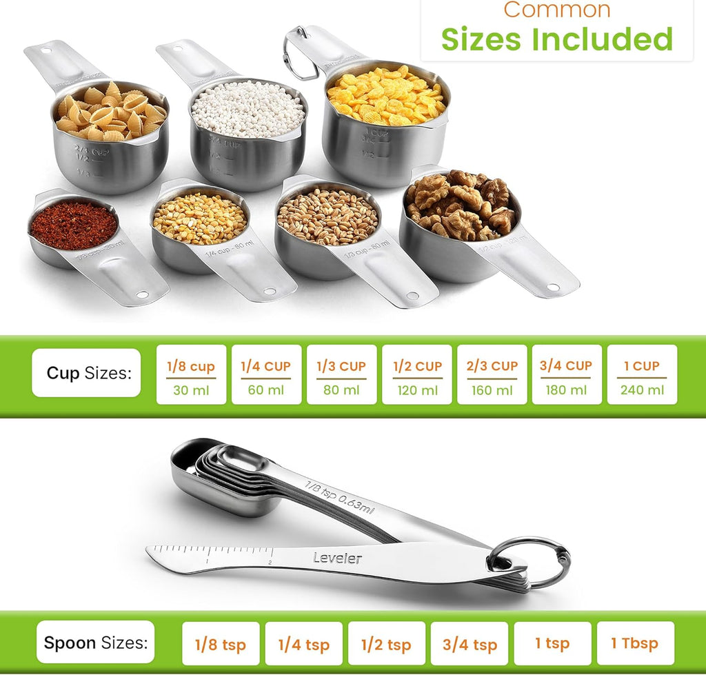 Stainless Steel Measuring Cups and Spoons Set of 14 with Leveler, Nesting Kitchen Metal Measuring Cups and Spoons Set