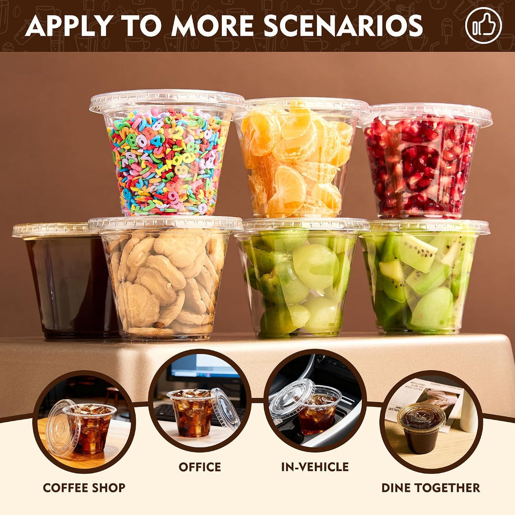 9 oz 50 Pack Clear Plastic Cups with Flat Lids, Disposable Cups With Straw Slot Lids for Cold Drinks