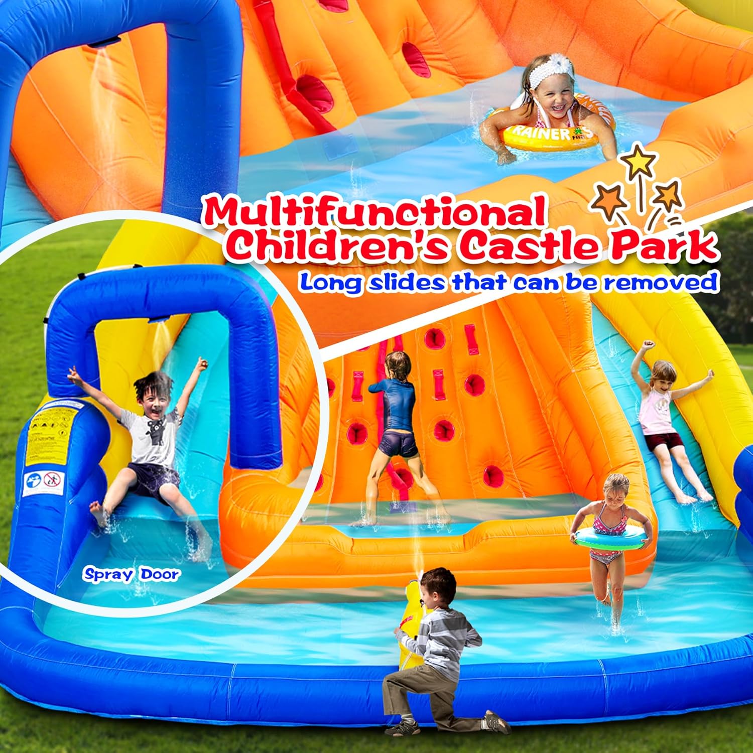 Inflatable Water Slide, Bounce House with Water Bucket, Deep Pool, Climbing Wall with Rope, Bouncy Castle with Air