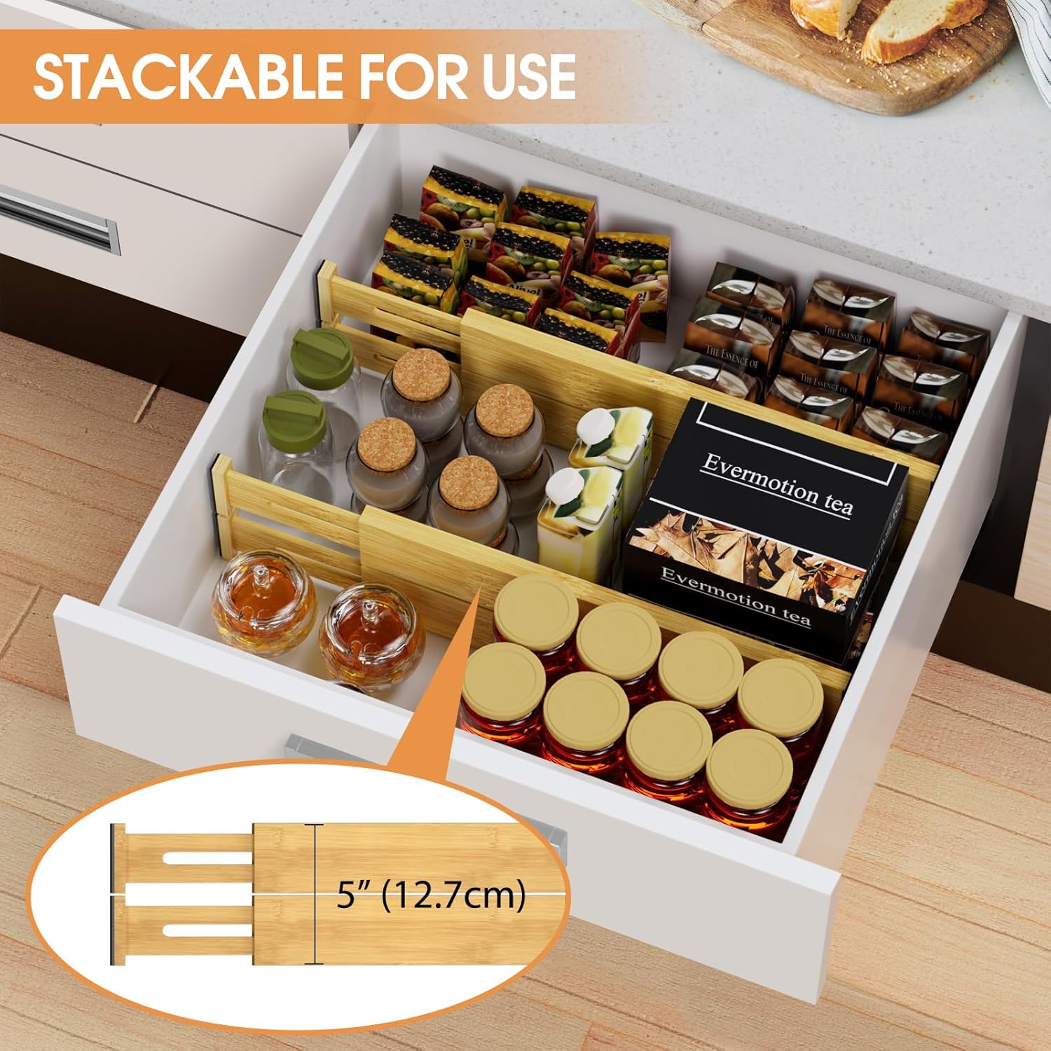Bamboo Drawer Dividers Organizers, Kitchen Drawer Organizer, Adjustable Drawer Divider for Clothes, Kitchen, Dresser