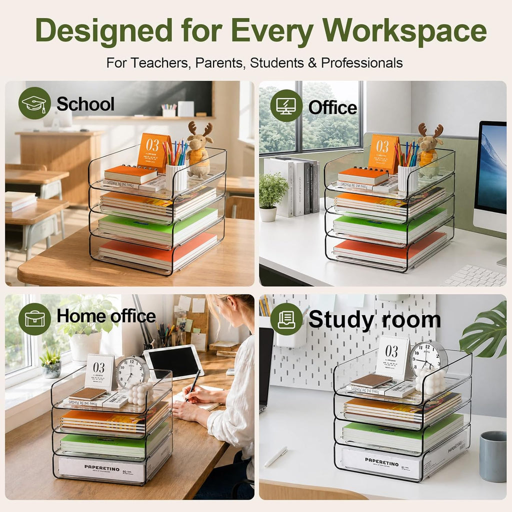 4-Tier Acrylic Paper Tray Organizer, Clear Stackable Desk File Organizer for Documents, Files, Letters, A4 Paper