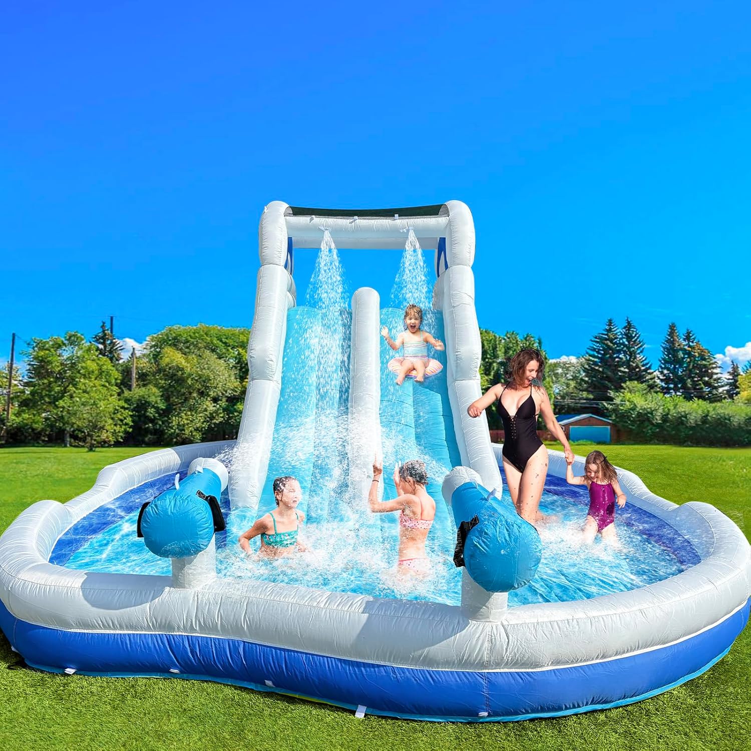 Inflatable Double Water Slide-17.7FT Large Climber Inflatable Water Park for Big Kids 5-10-Huge Splash Pool-Easy to