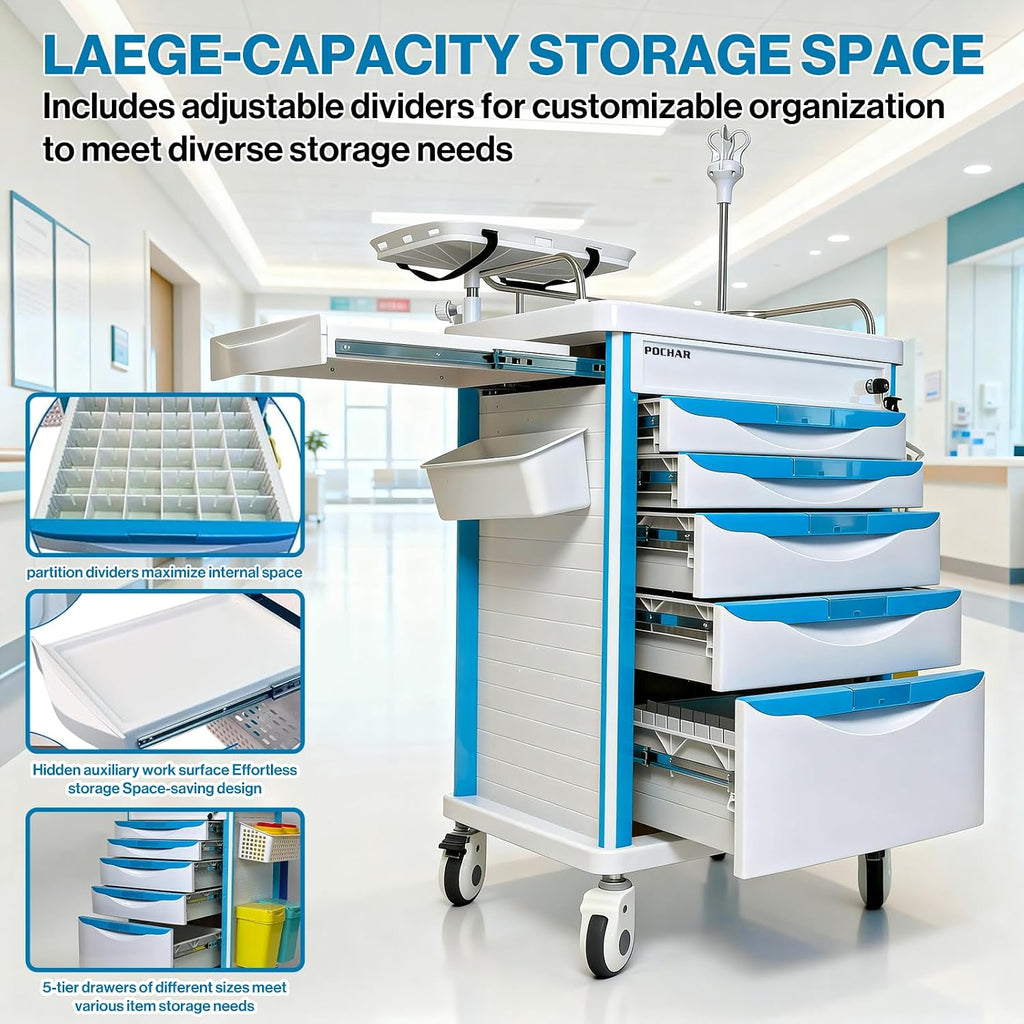 Medical Crash Cart with Emergency Accessory | 5-Tier Medical Storage Crash Cart with 4 Silent Wheels & 2 Trash Cans
