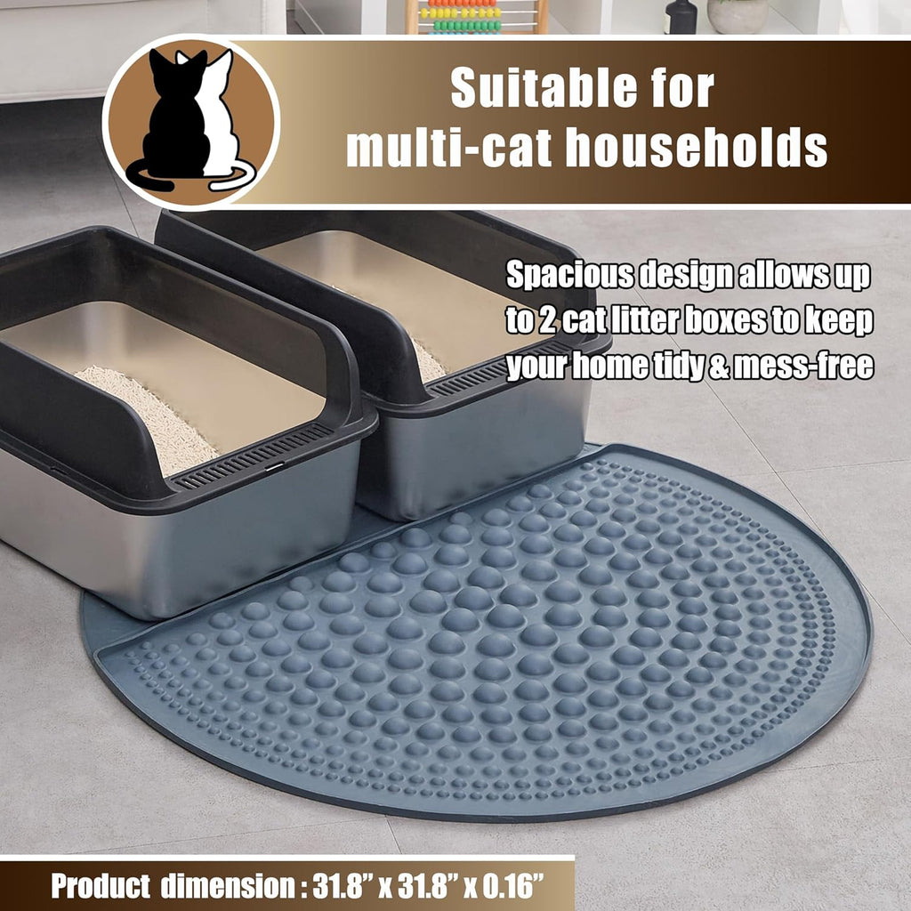 Silicone Cat Litter Trapping Mat,32" Round Waterproof & Non-Slip Litter Catcher, Self-Cleaning Litter Box Mat, Large