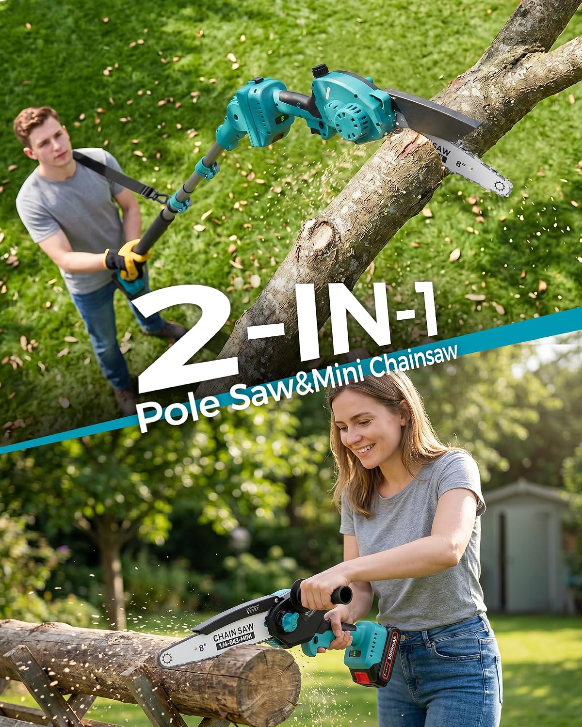 8" Electric Pole Saws for Tree Trimming, 1000W Brushless Motor | 2-in-1 Mini Chainsaw Cordless with Extension Pole
