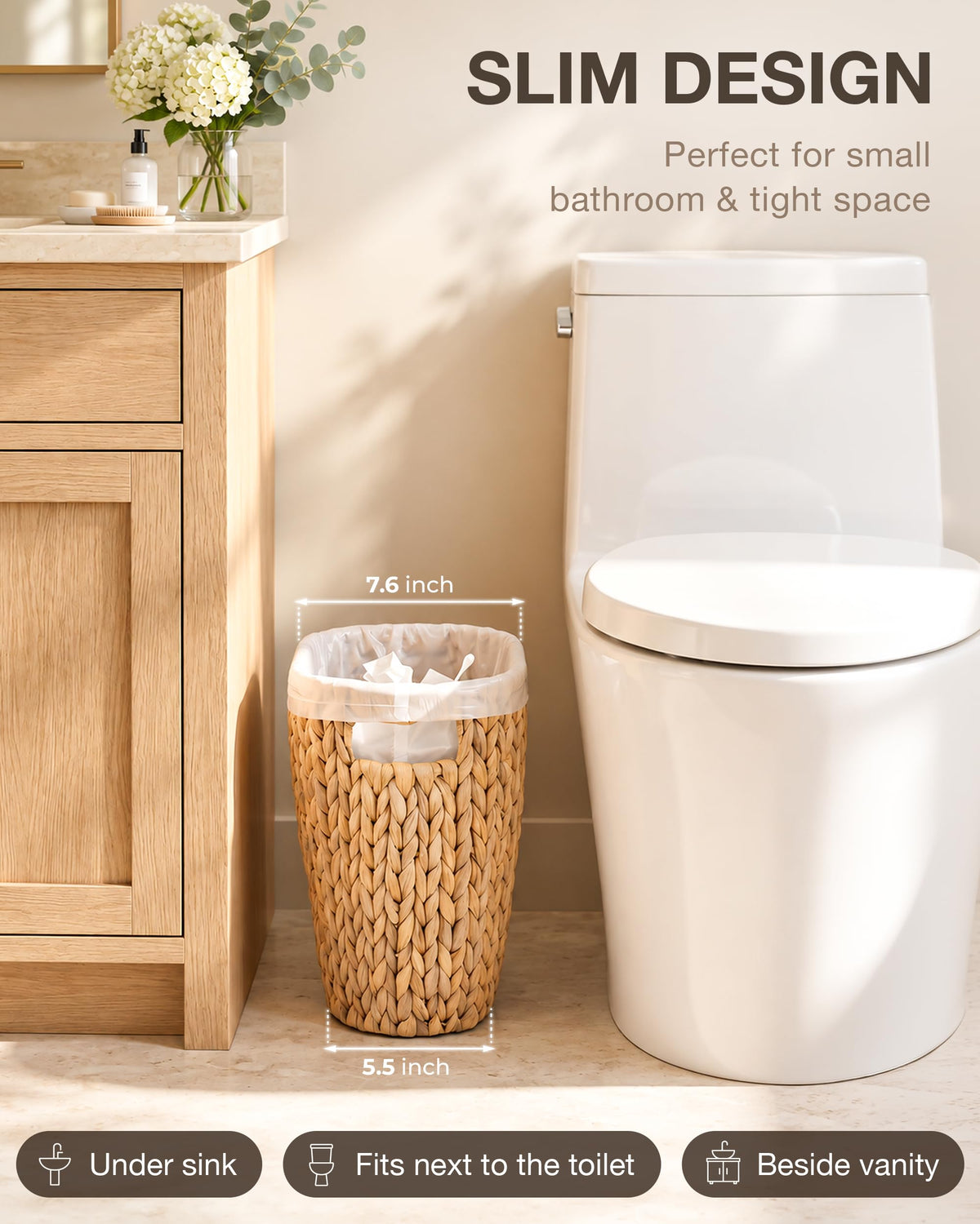 Wicker Bathroom Trash Can, Handwoven Hyacinth, Built-in Handle
