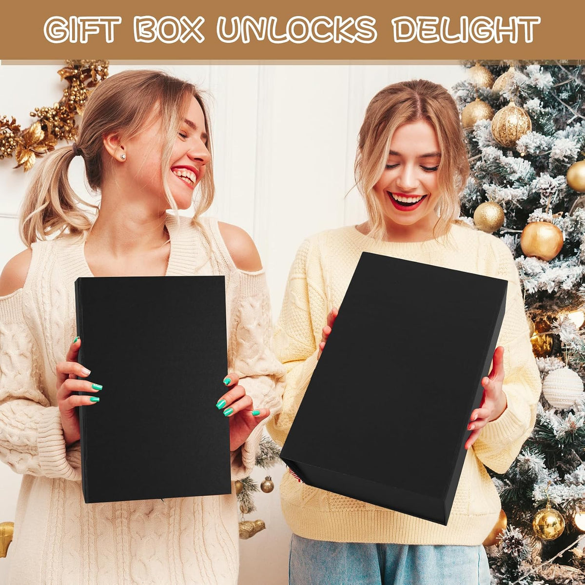 Black Gift Box with Magnetic Lids for Presents, Large Rectangle Collapsible Decorative Storage Boxes 13.8x9x4.3 in