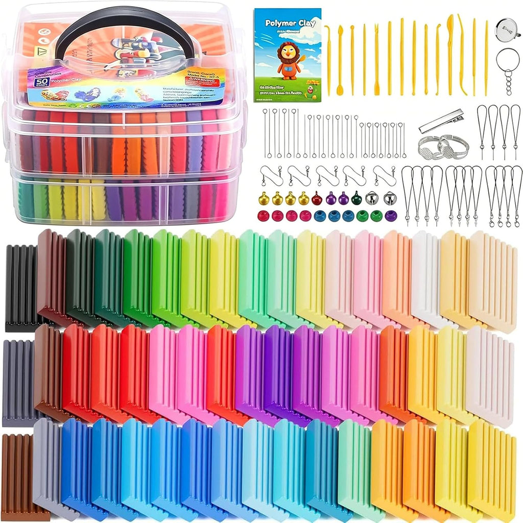 50-Color Polymer Clay Oven Bake Modeling Kit | 14 sculpting tools, 2‑layer box, accessory pack, guide. Great for