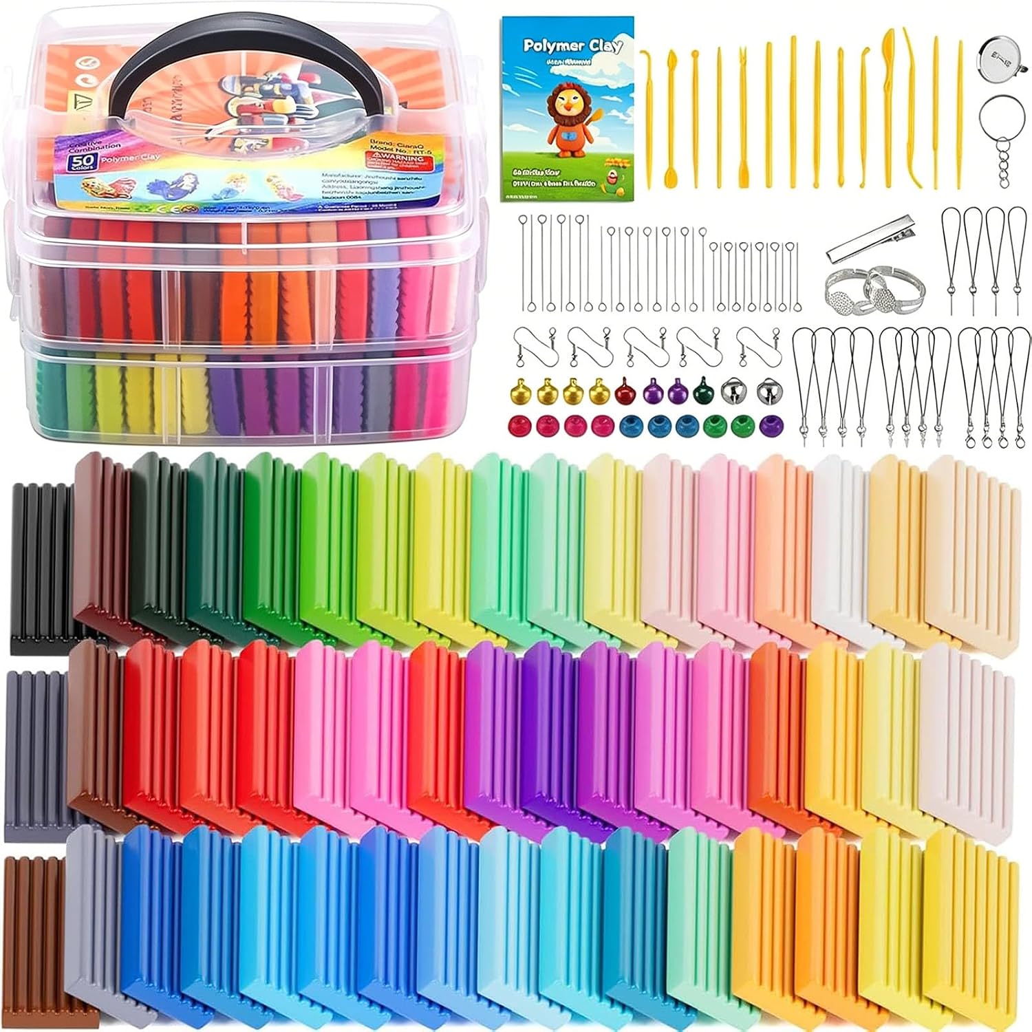 50-Color Polymer Clay Oven Bake Modeling Kit | 14 sculpting tools, 2‑layer box, accessory pack, guide. Great for